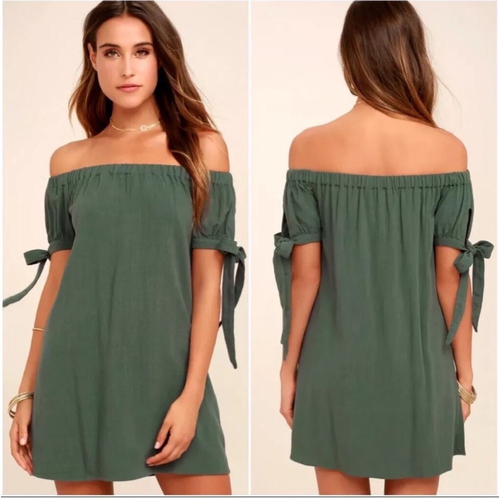 Off-Shoulder Tie-Sleeve Dress in Olive Green